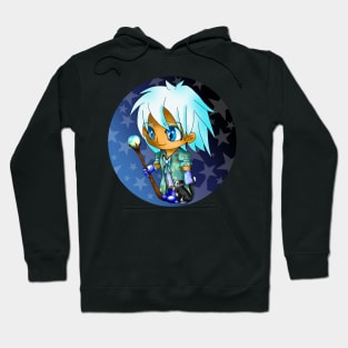kawaii manga style sorcerer with a ginger cat, in blue, for dnd and fantasy fans Hoodie